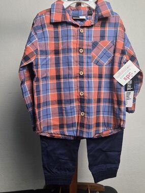 Toddler Plaid Button-Up Shirt & Navy Jogger Set